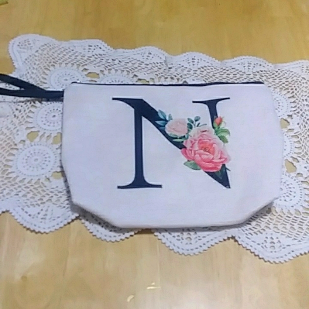 Alphabet lined Cosmetic / makeup / toiletry bag, the initial "N"